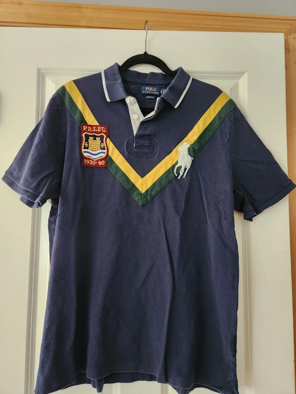 Ralph Lauren Navy Polo with Yellow & Green V-Stripes,  XL Size